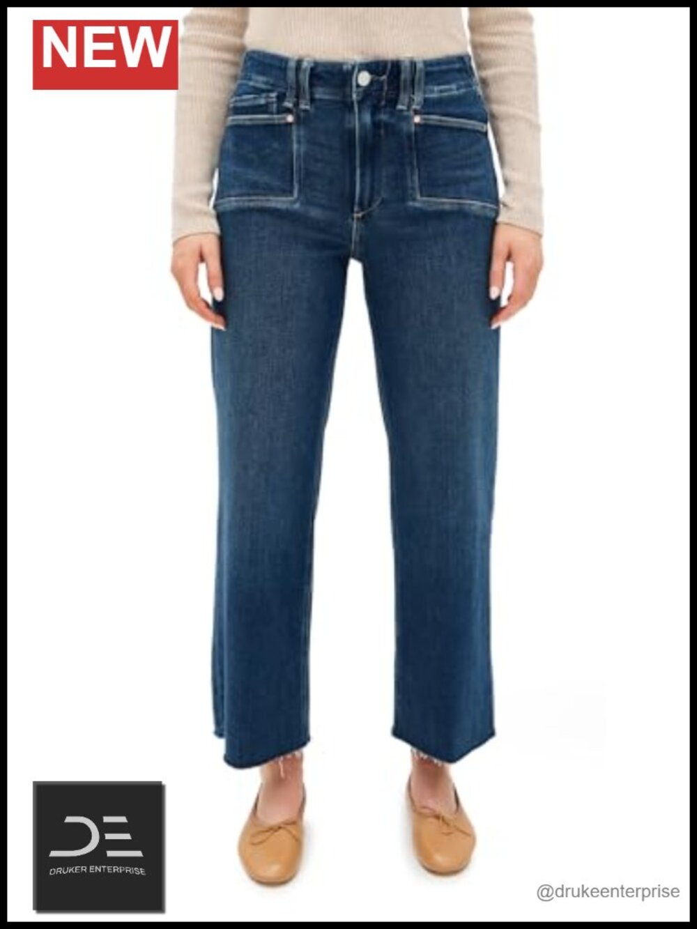 High Rise Wide Leg Straight Jeans with Raw Hem Cotton Blend Stretchable